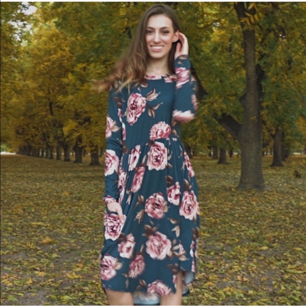 Teal Floral Midi Dress Long Sleeve